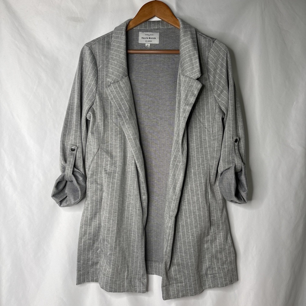 Haute Monde Women M Blazer Jacket‎ Gray White Striped Business Casual Comfy Soft